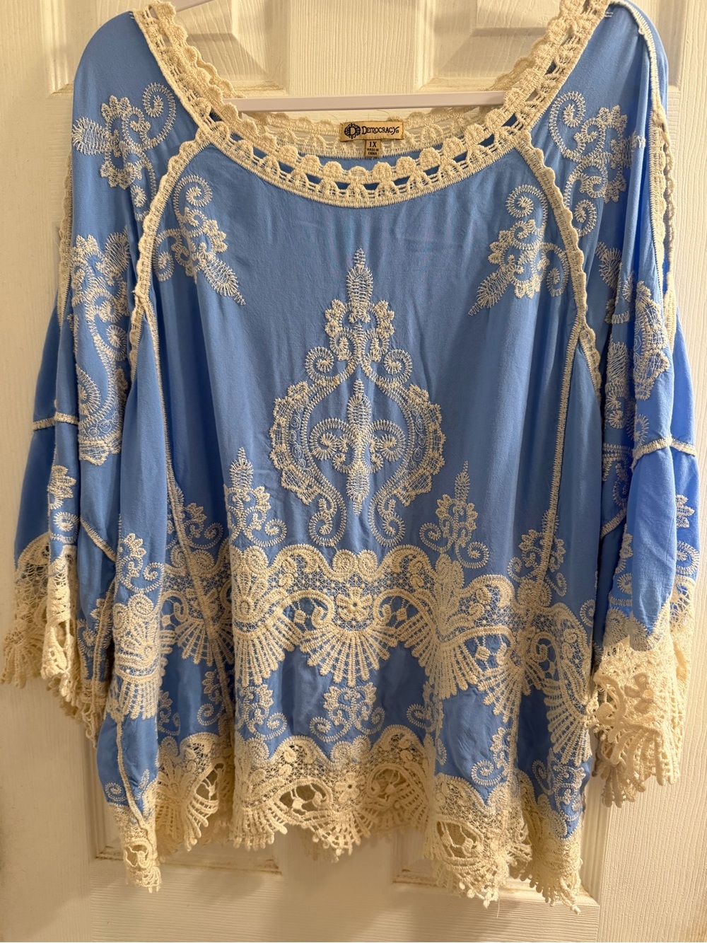 Democracy Light Blue Boho Tunic with Cream Crochet Trim plus size BoHo, romantic - Picture 2 of 9